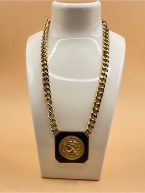 Vtg Chunky Greek Man Cameo Chain Medallion Necklace Big Gold Energy Bold #640